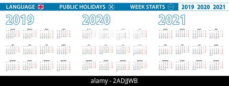 Einfache Vorlage Kalender in Englisch für 2019, 2020, 2021 Jahren. Woche beginnt ab Montag. Vector Illustration. Stock Vektor