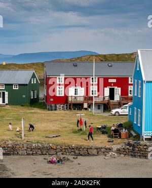 Auf dem Land, Insel Flatey in Breidafjördur, Westfjorde, Island Stockfoto