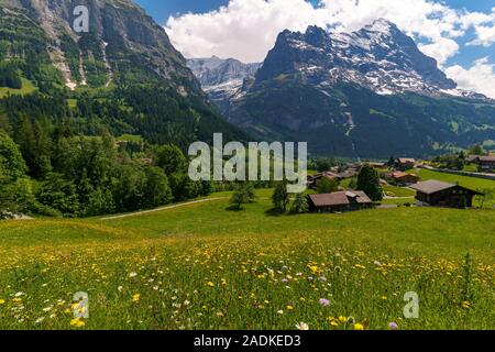 Haus im Vordergrund der Schweizer Alpen, Schweiz Stockfoto