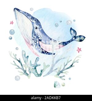 Satz von Meerestieren. Blau aquarell Ozean Fisch, Schildkröte, Wal und Korallen. Shell aquarium Hintergrund. Nautisch marine handgemalte Illustrationen. Stockfoto
