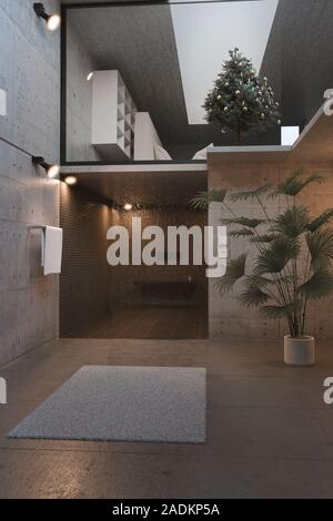 3D-Rendering des modernen Interieur der konkreten kubische Haus mit schwarzen Duschwanne und Schlafzimmer im Erdgeschoss Stockfoto