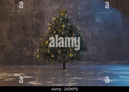 3D-Rendering der Weihnachtsbaum mit Weihnachtskugeln vor Beton Wand dekoriert Stockfoto