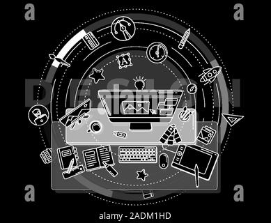 Werbung Poster über Designer und ihre Arbeit. Stock Vektor