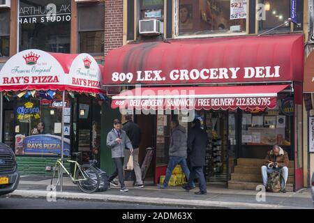 Geschäfte und Läden entlang der Lexington Avenue auf der East Side der Midtown im Lenox Hill Viertel von Manhattan, New York City. Stockfoto