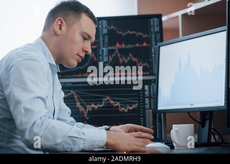 Mann online arbeiten im Büro mit mehreren Bildschirmen in Index charts Stockfoto
