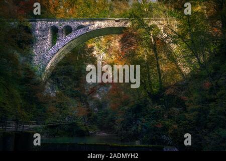 Schöne bunte Landschaft Blick auf alte steinerne Brücke und im Herbst Laub, Schlucht Vintgar, Slowenien, Europa Stockfoto