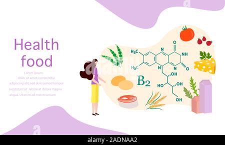 Vector Illustration mit Menschen, gesunde Lebensmittel, die reich an Vitaminen. Gesunde Lebensweise, richtige Ernährung, Diät Konzept. Vitamin B2-Quellen. Design für Ap Stock Vektor