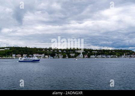 Ansicht der Mackinac Island Harbour vom Boot aus am Lake Huron, Michigan, USA. Stockfoto