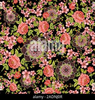 Bunte geometrische Hintergrund mit Rosen. Der traditionellen, ethnischen digital drucken. - Vektor Stock Vektor