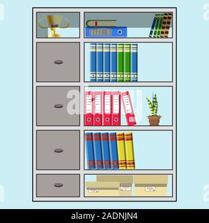 Büro Schränke voller Ordner, Bücher und Papier. Auf der shelfes Sieger Cup, Zimmerpflanze und Schrank Schubladen in den Schrank. Flat Style illust Stock Vektor