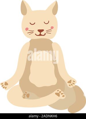 Cartoon cat durchführen Yoga Übung. Zeichentrickfigur in Lotus Körperhaltung sitzen und meditieren Vipassana Meditation isoliert in beigen Farben. Für Kinder. Bunte flachbild Vector Illustration Stock Vektor