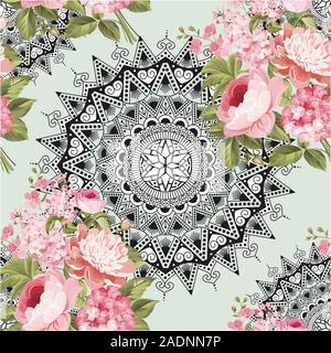Bunte geometrische Hintergrund mit Rosen. Der traditionellen, ethnischen digital drucken. - Vector EPS Stock Vektor