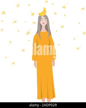 Junge hübsche Frau steht mit Mond auf den Kopf und Sterne um zu glänzen. Weibliche Comicfigur steht in langen Ocker sienna Mode Kleid isoliert. Bunte flachbild Vector Illustration Stock Vektor