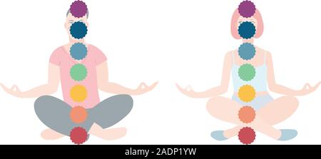 Meditieren mens und Frauen im Lotussitz, Vipassana. Weibliche und männliche Zeichentrickfigur im Yoga Haltung mit isolierten Hintergrund sitzen. Bunte flachbild Vector Illustration Stock Vektor