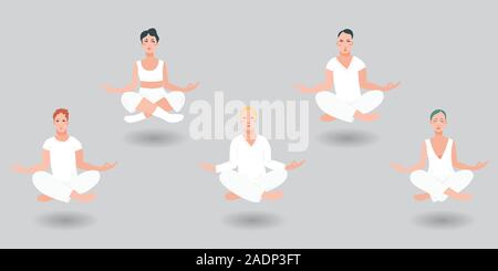 Gruppe von Männern und Frauen, die in der Luft schweben in einer Lotus Position in weißen Kleidern, die Vipassana Meditation. Levitation von Menschen, grauen Hintergrund von Cartoon Charakter. Flache Vector Illustration. Stock Vektor