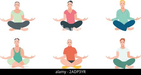 Gruppe Männer Yoga Übung durchführen. Männliche Zeichentrickfigur in Lotus Körperhaltung sitzen und meditieren Vipassana Meditation. Bunte flachbild Vector Illustration mit isolierten Hintergrund. Stock Vektor
