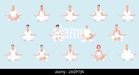 Gruppe von Männern und Frauen, die Yoga üben. Weibliche und männliche Zeichentrickfigur in Lotus Körperhaltung sitzen und meditieren Vipassana Meditation weiße Kleidung in blauen Hintergrund. Bunte flachbild Vektor. Stock Vektor