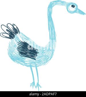 Crazy lustiger Vogel stand in Blau und Aqua Farben in doodles Hand gezeichneten Stil. Drucken für t-shirt für Kids Fashion artwork Kinder und Erwachsene Bücher. Modeillustration Zeichnung im modernen Stil. Stock Vektor