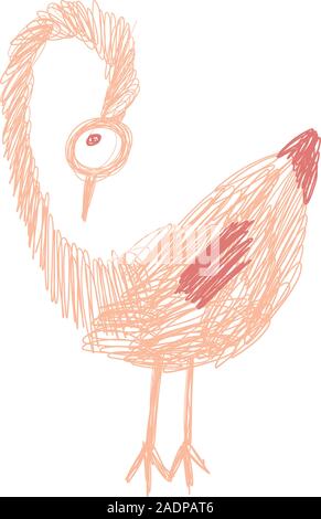 Crazy lustiger Vogel unten und schauen in pink und orange Farben in doodles Hand gezeichneten Stil bleiben. Drucken für t-shirt für Kids Fashion artwork Kinder und Erwachsene Bücher. Modeillustration Zeichnung im modernen Stil. Stock Vektor