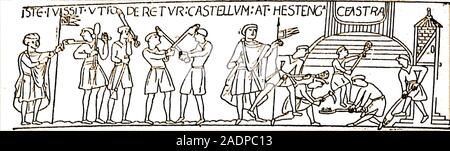 Ein 1933 Darstellung des Aufbaus der ersten hölzernen (vorgefertigt) Schloss und Motte/Bailey in Hasting, England auf eine künstliche Motte oder Damm (vom Teppich von Bayeux). Folgende Williams Krönung am Weihnachtstag 1066, er das Schloss in Stein wieder aufgebaut werden. Auf dem Bild sind Arbeitnehmer und zwei Inspektoren (mit Flags) Stockfoto