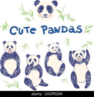 Satz von Hand gezeichnet niedliche Pandas mit Bambus Blätter und Beschriftung für Kinder und Erwachsene Kleidung druckt in 4-5 Farben. Drucken für t-shirt für Kids Fashion artwork Kinder und Erwachsene Bücher. Modeillustration Zeichnung im modernen Stil. Stock Vektor