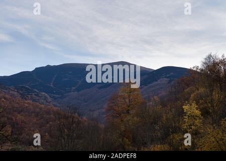 Dunkel, verbrannten, verbrannte Erde auf dem Hochland von Berg, Herbstfarben der verbleibenden Bäume und blauer Himmel Stockfoto