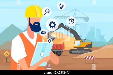 Vektor eines Mannes Arbeiter in Helm, Bauingenieur mit Tablet App verwalten eines neuen Gebäudes Stock Vektor