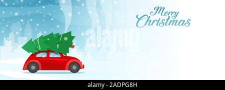 Frohe Weihnachten Postkarte oder Poster Vorlage mit Retro rotes Auto mit Weihnachtsbaum. Stock Vektor