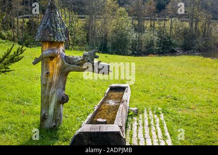 Trinkwasser und Tiertränke im Holztrog, Steiermark, Österreich Stockfoto