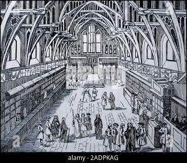 Westminster Hall (mit seinem Buch shops) London im Jahr 1700 wie im Jahr 1933 dargestellt. Die Halle wurde 1097 im Auftrag von William II (William Rufus), der Sohn von Wilhelm dem Eroberer erbaut und war 1099 abgeschlossen. Stockfoto