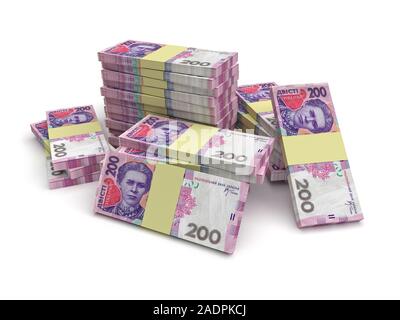 Große Stapel von hryvnia Geld 200 Banknoten auf weißem Hintergrund. Geschäftskonzept. 3D-Rendering Stockfoto