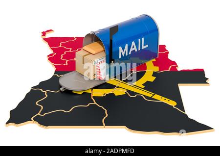 Mailbox auf dem angolanischen Karte. Versand in Angola, Konzept. 3D-Rendering auf weißem Hintergrund Stockfoto