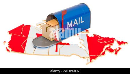 Mailbox auf der kanadischen Karte. Versand in Kanada, Konzept. 3D-Rendering auf weißem Hintergrund Stockfoto