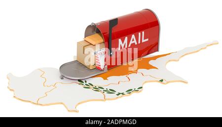 Mailbox auf der Zypern Karte. Versand in Zypern Konzept. 3D-Rendering auf weißem Hintergrund Stockfoto