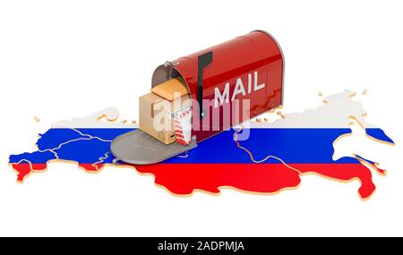 Mailbox auf die russische Karte. Versand in der Russischen Föderation, Konzept. 3D-Rendering auf weißem Hintergrund Stockfoto