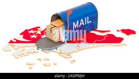 Mailbox auf der Karte. Versand in Singapur, Konzept. 3D-Rendering auf weißem Hintergrund Stockfoto