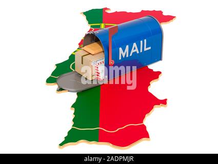 Mailbox auf dem portugiesischen Karte. Versand in Portugal, Konzept. 3D-Rendering auf weißem Hintergrund Stockfoto
