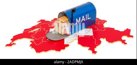 Mailbox auf der Schweizer Karte. Versand in der Schweiz, Konzept. 3D-Rendering auf weißem Hintergrund Stockfoto