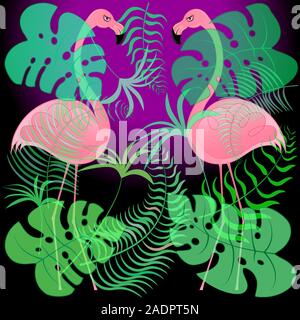 Flamingos und exotische tropische Pflanzen auf einem dunklen Hintergrund. Vector Illustration. Stock Vektor