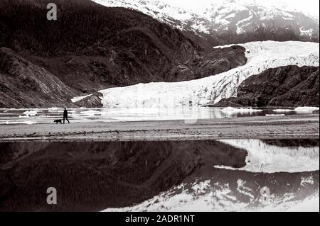 Eine Frau und ihr Hund zu Fuß unter dem Mendenhall Gletscher in der Nähe von Juneau, Alaska, USA. Stockfoto