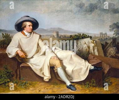 Goethe in der römischen Campagna von Johann Heinrich Wilhelm Tischbein (1751-1829) im Jahre 1787 mit Johann Wolfgang von Goethe (1749-1832) deutscher Schriftsteller und Staatsmann, während in Italien unterwegs gemalt. Stockfoto