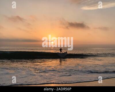 Paddel boarder reiten Welle bei Sonnenuntergang am Malibu Beach in Los Angeles, CA Stockfoto