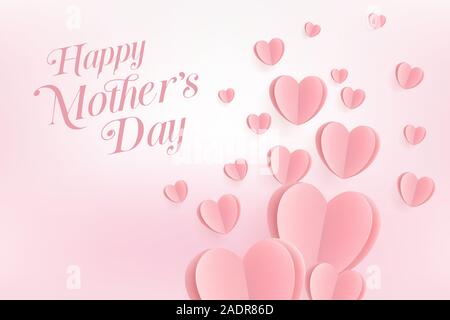 Rosa herzen Postkarte. Papier fliegen Elemente auf rosa Hintergrund. Happy Mother's Day Grußkarte. Stock Vektor