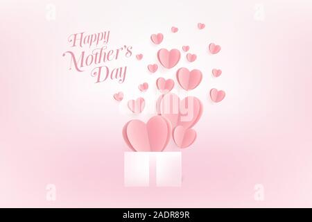 Herzen mit Geschenkbox Postkarte. Papier fliegen Elemente auf rosa Hintergrund. Happy Mother's Day Grußkarte. Stock Vektor