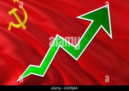 Sowjetunion wirtschaft Graph zeigt positives Wachstum, grünen Pfeil oben geht mit Trendlinie. Business Konzept auf nationaler Hintergrund. Stockfoto