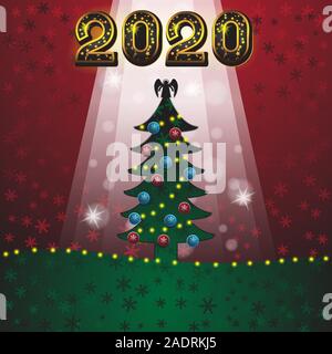 Weihnachtsbaum mit Spielzeug Kugeln und Figuren, Schneeflocken leuchtet auf isolierten Hintergrund. Vektor Bild. Stock Vektor