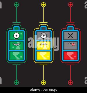 Reihe von Icons Charakter Laden der Batterie auf schwarzem Hintergrund isoliert. Vektor Bild. Stock Vektor