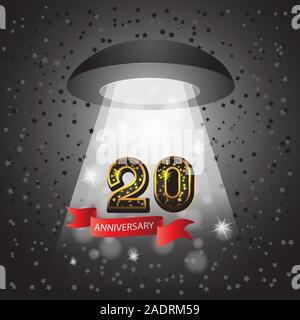 Zur Feier des Goldenen Jubiläums von 20 Jahren mit Band logo Anzahl der Star Light UFO auf isolierten schwarzen Hintergrund. Vektor Bild. Stock Vektor