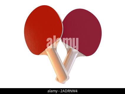 Ein Satz von zwei professionellen Holz- ping-pong Paddles mit roter Polsterung an einem isolierten weißen studio Hintergrund - 3D-Rendering Stockfoto