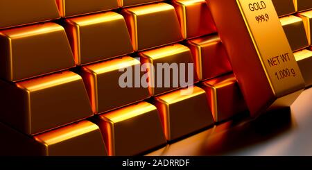 Gestapelte Gold Bars auf einem glänzenden Stahl Hintergrund, 3D-Rendering, Finanzkonzept Stockfoto